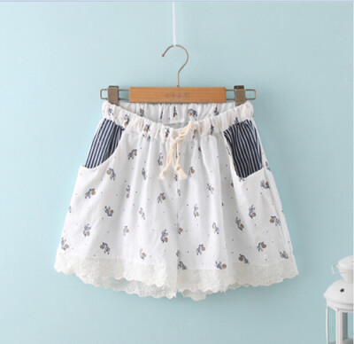 夏装新品 森女系 爆款斑马条纹 拼袋宽松棉麻口短裤