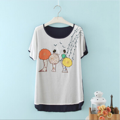 夏装新款森女民族风刺绣撑伞3个女神2色可选宽松蝙蝠袖衬衫