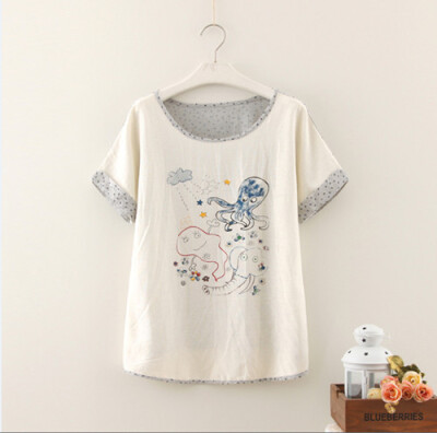 小清新可爱章鱼哥拼色碎花宽松衬衫