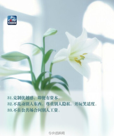 【33个体现教养的处事细节】说话时直视他人眼睛、吃饭不剩米粒、过马路时把女孩护在里侧、尊重别人的隐私、不说脏话、不乱动别人东西……你能做到多少？要想得到这个世界上最好的东西，先把最好的你交给这个世界。