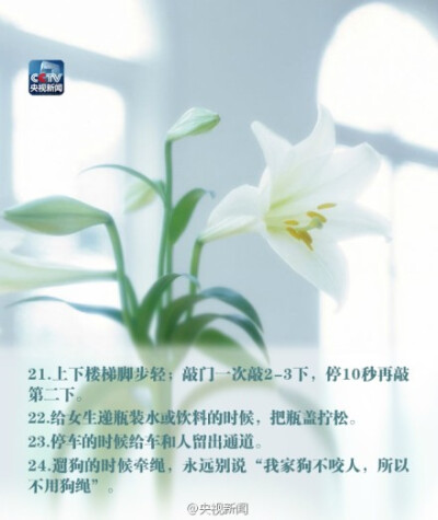 【33个体现教养的处事细节】说话时直视他人眼睛、吃饭不剩米粒、过马路时把女孩护在里侧、尊重别人的隐私、不说脏话、不乱动别人东西……你能做到多少？要想得到这个世界上最好的东西，先把最好的你交给这个世界。