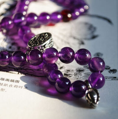 姚黄魏紫 手工纯银牡丹花盒 乌拉圭浓紫水晶8mm两层手链