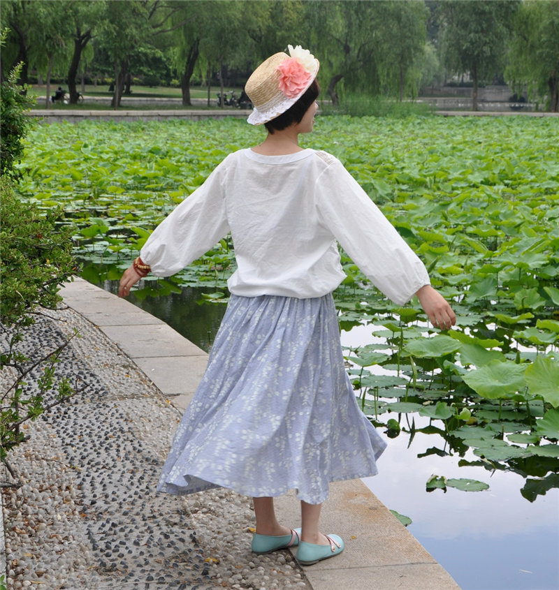 清新森女仙立体藤蔓叶子印花浅淡蓝色半身裙纯棉碎花长裙