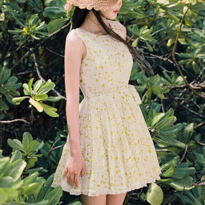 2014夏季新款女装雪纺连衣裙修身显瘦大码清新甜美无袖束腰带短裙