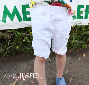 现货HARPER韩国童装 夏装2014新款 休闲破洞卷边七分裤 儿童中裤