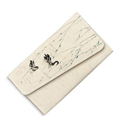 墨白原创设计 长款亚麻女士钱包之手绘天鹅湖 图案钱夹 设计师包