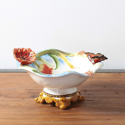 水果盘创意水果篮糖果盘子欧式陶瓷托盘蝴蝶与郁金香高脚小号果碗