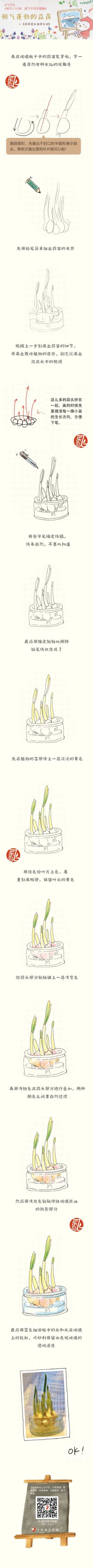 #每天10分钟，跟飞乐鸟学画画# 小小的蒜苗还挺可爱的不是吗？！蒜苗散发出的清香对空气还有杀菌消毒的作用哦！