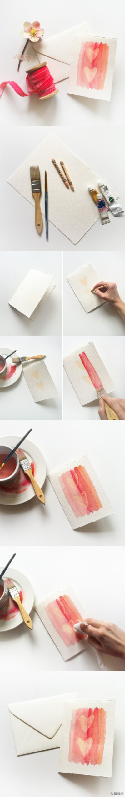 #DIY WAX RESIST WATERCOLOR CARDS#水彩卡，先用蜡笔画个心，再刷水彩颜色，融合得还挺不错。——刚从手作世界里爬出，赶紧随意来更一发（喂，啊哈哈~其实连着两晚我扒拉了俩新坑，还都和水彩有关，抹把脸，这不逼着…