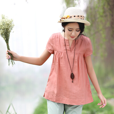 红念 文艺半开领短袖衬衫 夏装棉麻衬衣夏季女装上衣