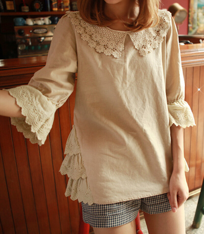 花边大翻领娃娃衫喇叭袖棉麻衬衫衬衣女 日系森女系14夏装