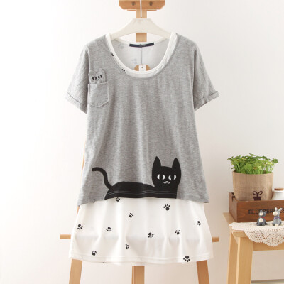 夏季女款日系森女系猫脚印小猫贴布2件套T恤连衣裙女夏