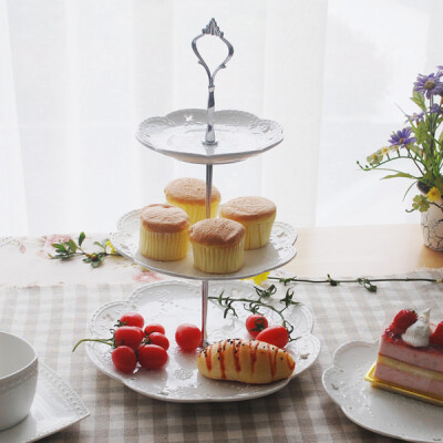 乐享 时尚欧式餐具奶白浮雕双三层陶瓷器水果盘子蛋糕盘陶瓷器