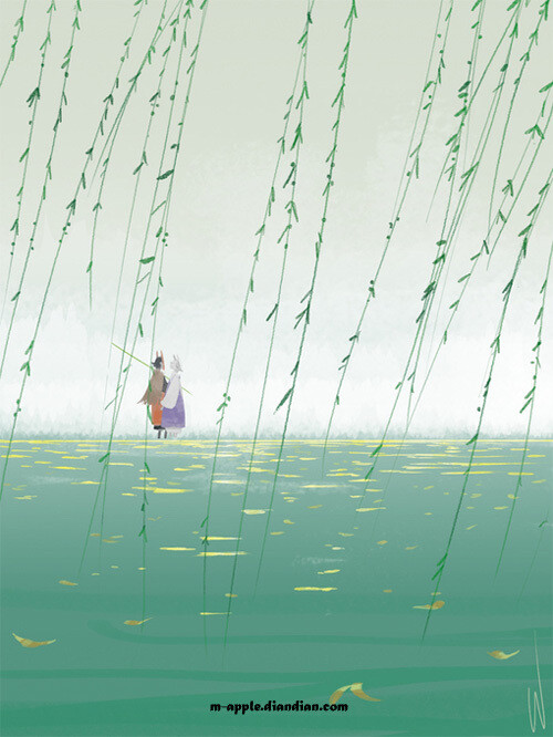 pixiv,二次元,插画,手绘,Green,Boys,狐面,温暖,Apple