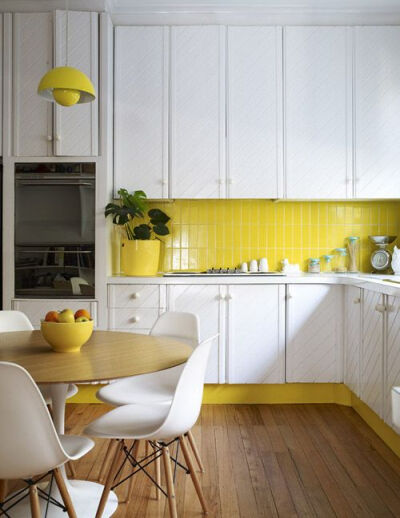 white + yellow + wood kitchen