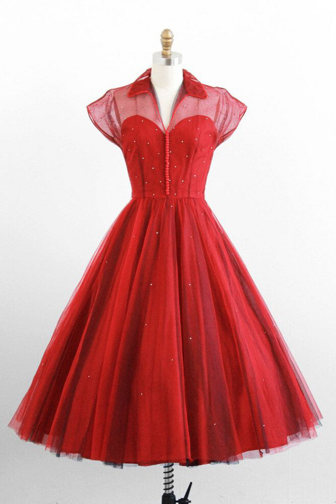 vintage 1950s red + navy rhinestone cupcake dress