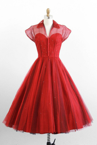 vintage 1950s red + navy rhinestone cupcake dress