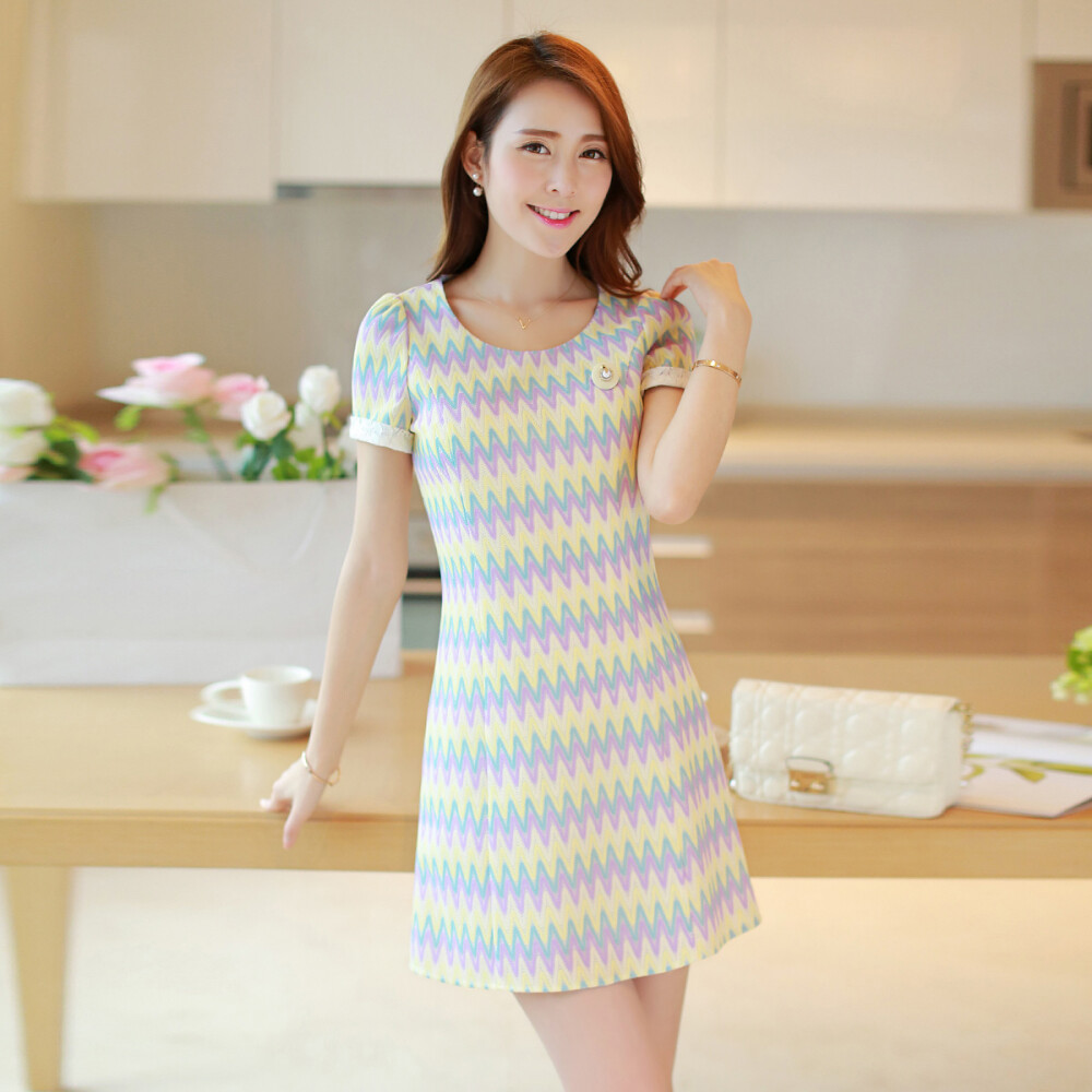 未央之城夏装韩版短袖修身连衣裙波普纹显瘦裙子女