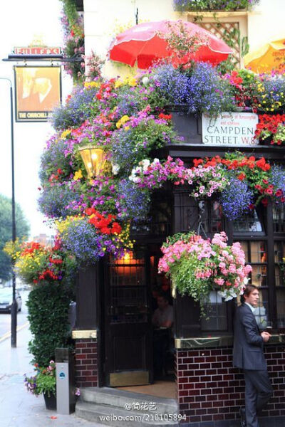 #植物小周边# 路过绝对不会错过的小馆Churchill's Arms Pub，位于伦敦。被万花包裹的一栋楼，前厅是酒吧，实木的长条吧凳，贴出的旧报纸和招贴画都是英伦复古风，后厅是一家泰餐厅，篱笆状的小露台，屋顶绿萝自然垂…