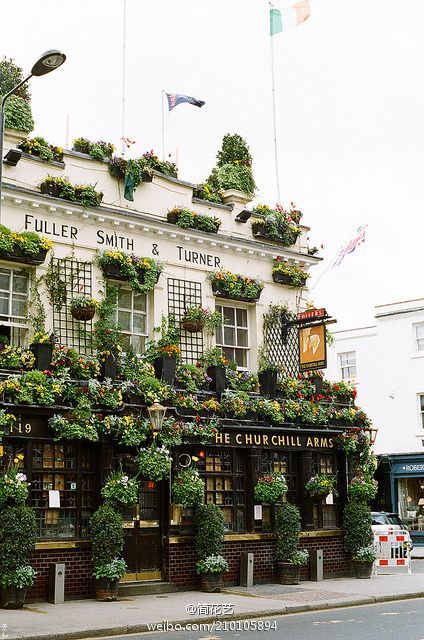 #植物小周边# 路过绝对不会错过的小馆Churchill's Arms Pub，位于伦敦。被万花包裹的一栋楼，前厅是酒吧，实木的长条吧凳，贴出的旧报纸和招贴画都是英伦复古风，后厅是一家泰餐厅，篱笆状的小露台，屋顶绿萝自然垂下，满房都是鲜花，连厕所里都摆满了。喝着扎啤吃泰式咖喱，晒太阳闻花香，好不惬意。