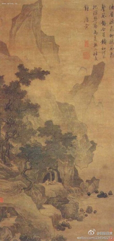 唐寅《看泉听风图》画绘山崖间老树虬曲，枝叶苍茂，岩隙清泉下泻。两位“高士”坐石上，正陶醉于山水之间。远处树木用水墨点叶，作风吹之状。上方山势险峻，用细长的线条画出山的轮廓，以斧劈皴单层刷染，表现出了坚…