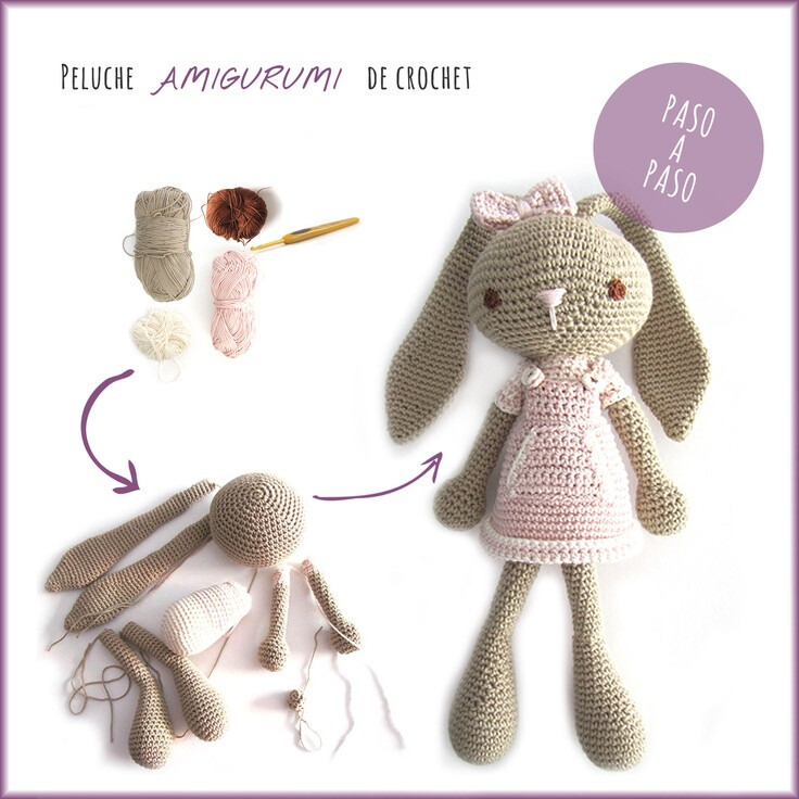 Tutorial paso a paso sobre cómo hacer un peluche de #crochet con la técnica de #amigurumi o tejido en espiral. #Conejita de orejas largas.