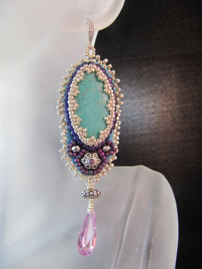 Bead Embroidery 3 inch Long Turquoise Beaded by sandystreasure, $52.00