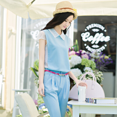 2014夏装新款韩版淑女通勒OL修身显瘦H型设计翻领雪纺两件套套裤