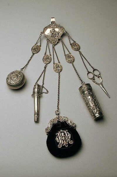 Pre Civil War Ladies Chatelaine, great utensils...Russian silver sewing chatelaine, circa 1840维多利亚时期荷包