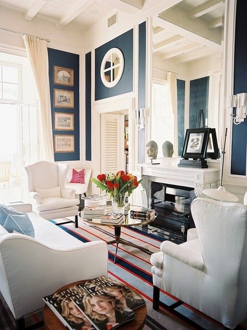 We love navy walls! Paired with white furnishings- this look is crisp yet dramatic.