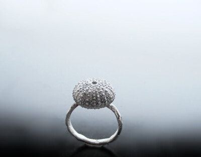 Urchin ring in sterling silver, oxidized finish (urchin dimensions: 1.4 x 1.4 x 0.6 cm).