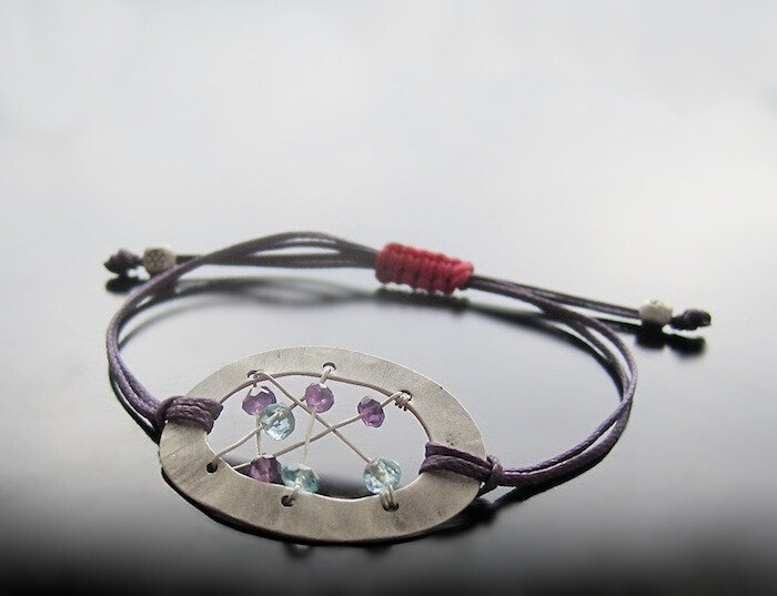 Oval gemstone bracelet - Sterling silver, amethyst, apatite, waxed linen cord.