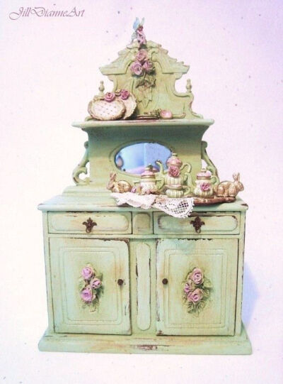 Archive Hutch Rabbits n Roses Shabby Cottage Chic with tiny Fairy - Dollhouse Miniature