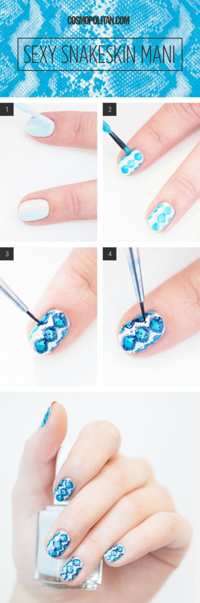 Sexy meets chic with this blue snakeskin mani. Nail artist Simcha Whitehill aka Miss Pop shows you exactly how to recreate it with ease.