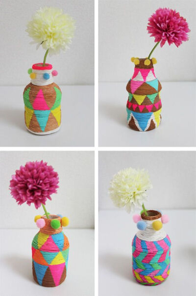 DIY Twine and Then Painted Bottles for Your Summer Flowers! More fun to keep the little ones busy ; )