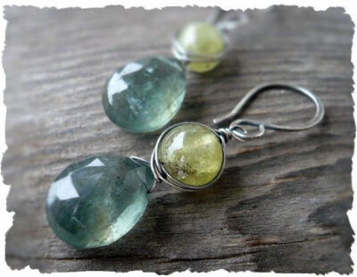 Mossy Meadow Earrings. Handmade. Moss Aquamarine. Green Garnet. Oxidized…