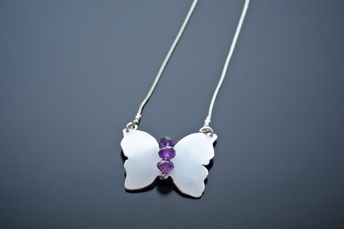 Butterfly Pendant -Custom made sterling silver butterfly and amethyst rondelles on sterling silver snake chain.