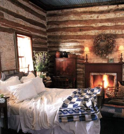 fireplace cozy...in the rustic and very old log cabin vacation home.... I would love to be in this spot right now!