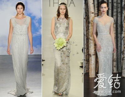 銀色婚紗 以上品牌：Jenny Packham、Theia、Naeem Khan