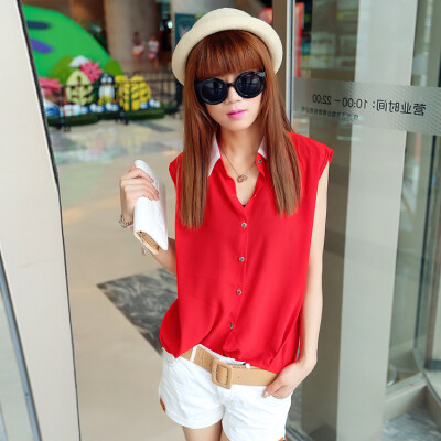 YG806A夏季韩版女装宽松翻领撞色衬衣 短袖纯色雪纺衬衫