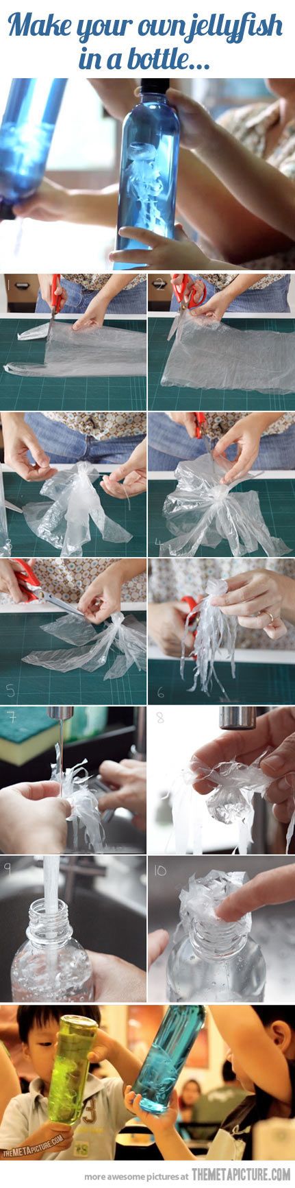 Homemade plastic jellyfish... My son would love this!