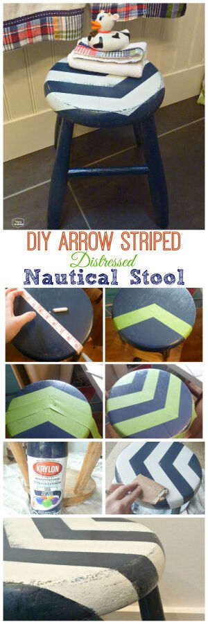 DIY Arrow Striped Distressed Nautical Stool for our Boys Nautical Theme Bathroom - CuTe!!