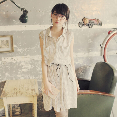 东京着衣 夏装格子欧美衬衫领式无袖雪纺连衣裙*4016116