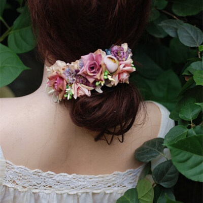 原创设计森林系森女手工手作紫色花朵浆果蕾丝新娘拍照头饰发饰