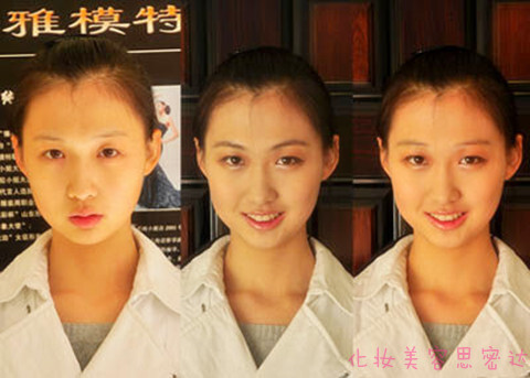 实例1：小姑娘很漂亮，五官的比例也很标准，因此她采用了保守的做法，用细眼线勾勒形状，大地色眼影让眼部轮廓更为突出。之前眼睛略圆，微微延伸的眼线很好的解决了这个问题，但是思密达要说的是，菇凉，眼线和睫毛之间不要留白呀！精致的眉妆虽然优雅却过於成熟了，小女孩本身的一字眉清纯又可爱，日常妆的话可以保留。