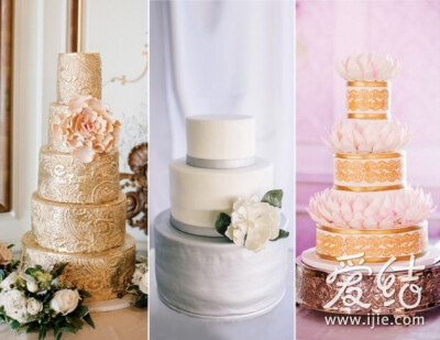 金属色蛋糕：金属色正在婚礼印刷品中大行其道，而婚礼蛋糕也不遑多让。而且金属色最大的优点是它们可以适用于任何风格！