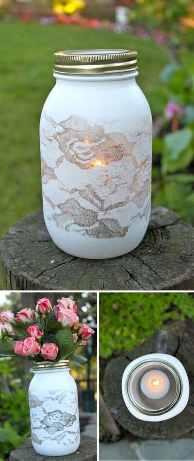 Spray paint over lace DIY mason jar vase. Cute!