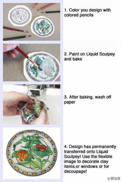 #Liquid Sculpey# ①用彩铅设计图案，②涂上Liquid Sculpey稍微烘烤，③洗掉稿纸，④图案已经粘到半透明软陶上啦。