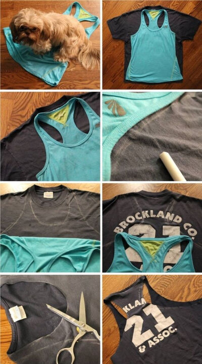 Lovey Dovey Darling: DIY Workout Shirt using an old t-shirt - this is good because there's no twist or knot in the back. Who wants to do crunches with a big old knot digging in your back?