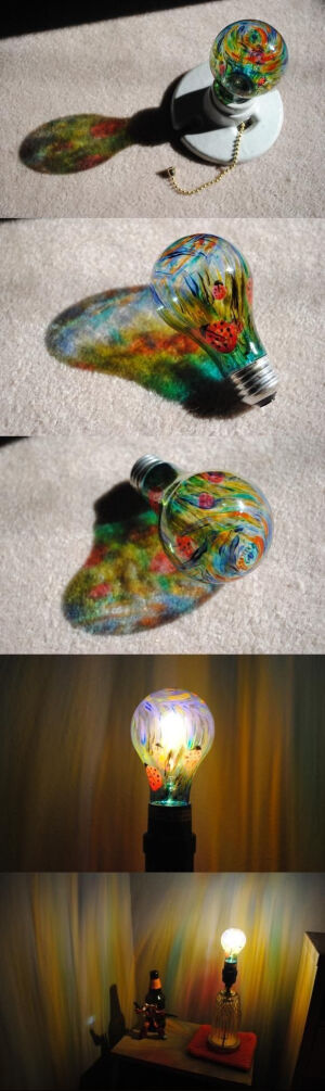 Painted Lightbulb: Use Pebeo Vitrea 160 paint for the glass. Let the paint dry 24 hours, and then bake for 40 minutes at 325 degrees Fahrenheit (160 degrees Celsius).